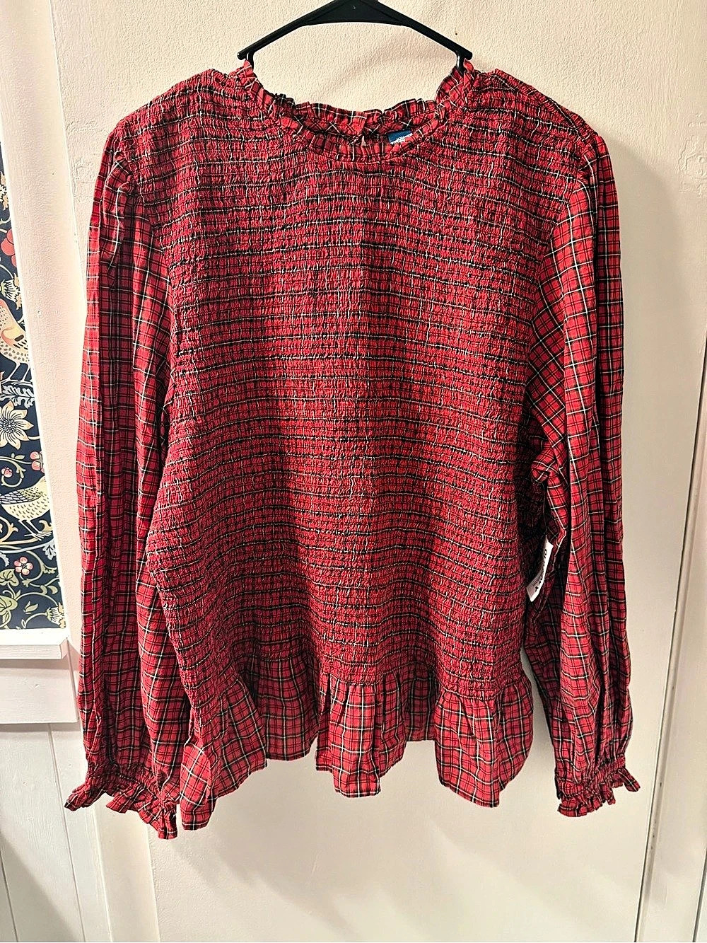 Old Navy Long-Sleeve Plaid Smocked Top Red & Black XXL